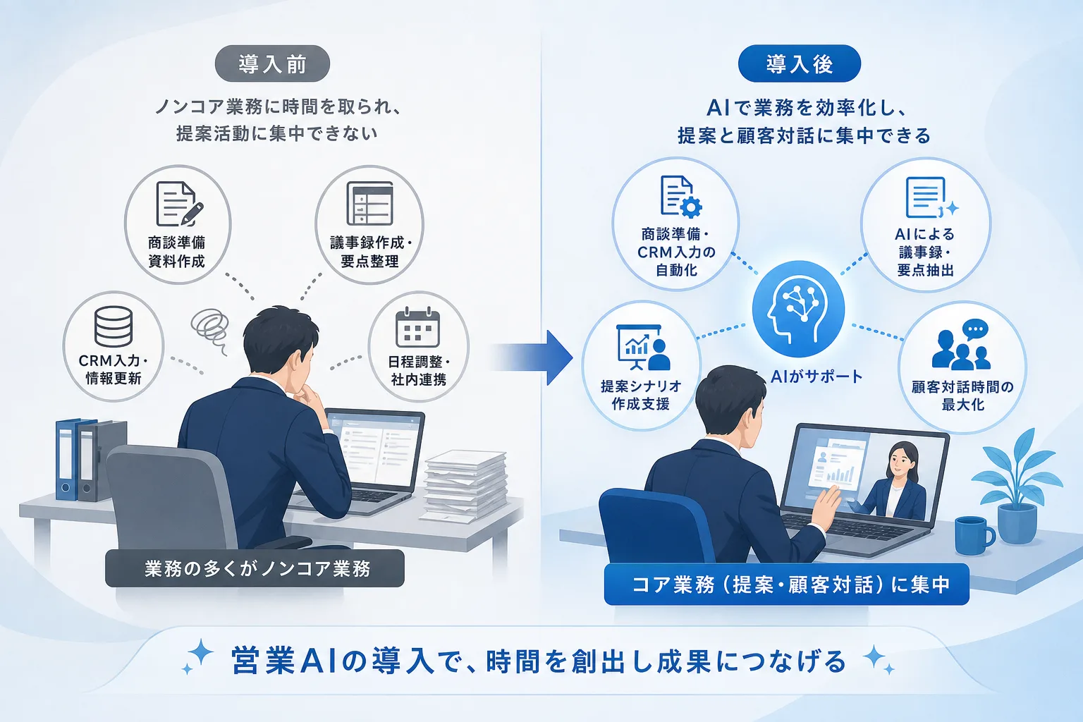 AI導入前と導入後で営業担当者の作業時間配分と提案の質が劇的に改善された様子を対比した比較表の図