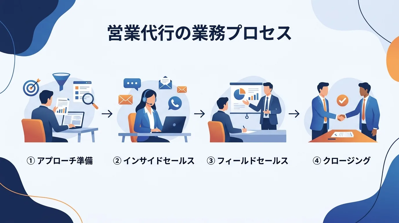 リード獲得から商談成約までの営業ステップと代行可能な範囲を示した業務フロー図