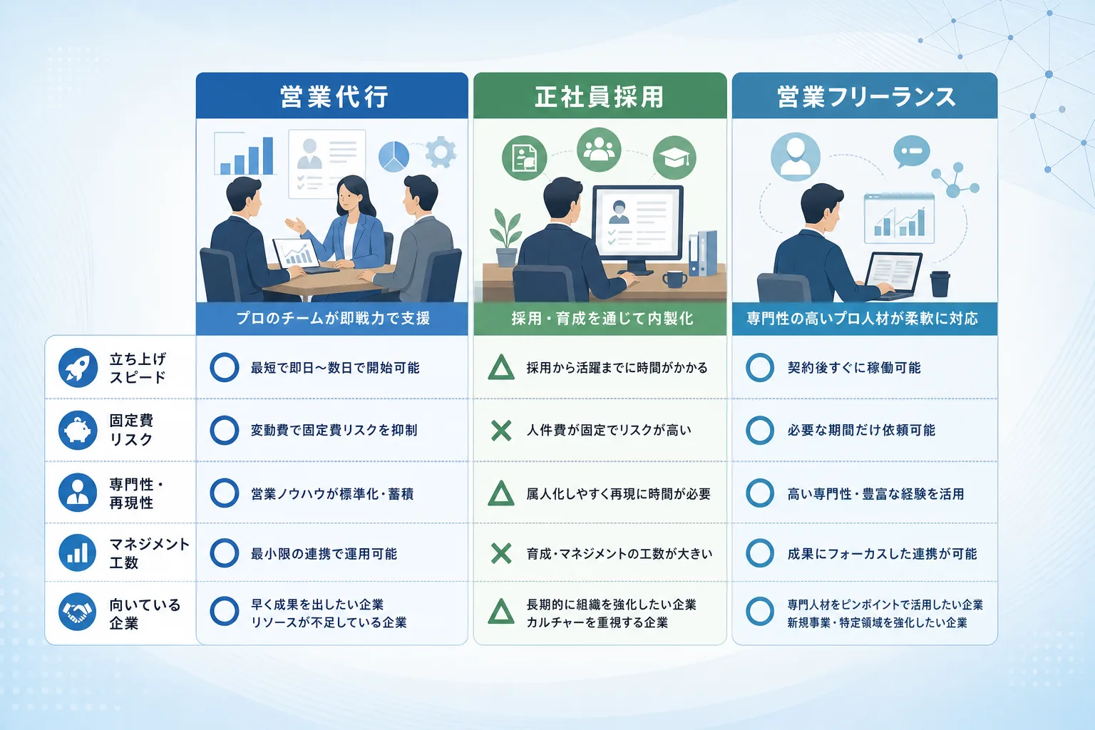 営業代行、正社員採用、フリーランスの特徴やコスト感を項目別にまとめた比較表