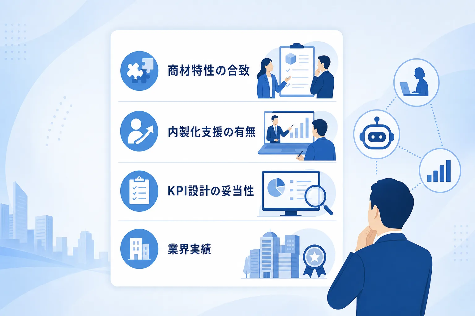 営業パートナーを選ぶ際に確認すべき重要項目がアイコン付きで並んだチェックリスト